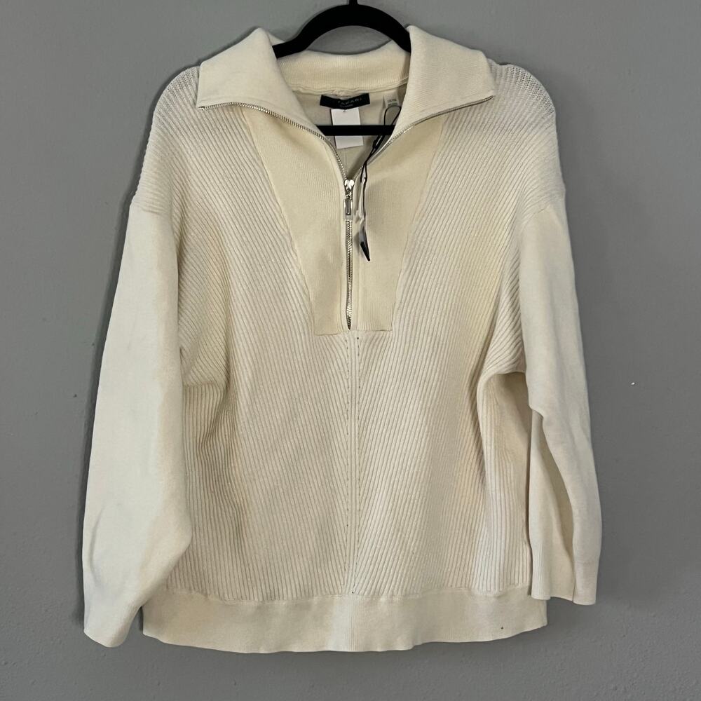 NWT Tahari‎ Woman's 1X Large Ivory Ribbed Half Zip Collared Sweater Pullover Top